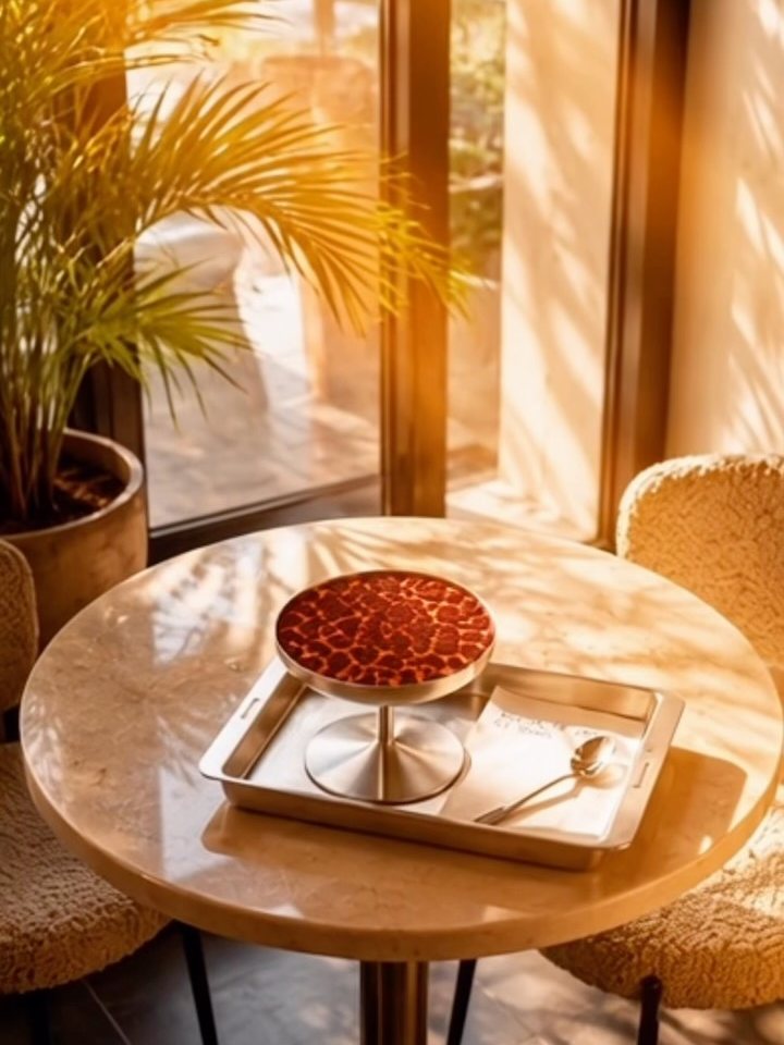 A table by the window with a dessert