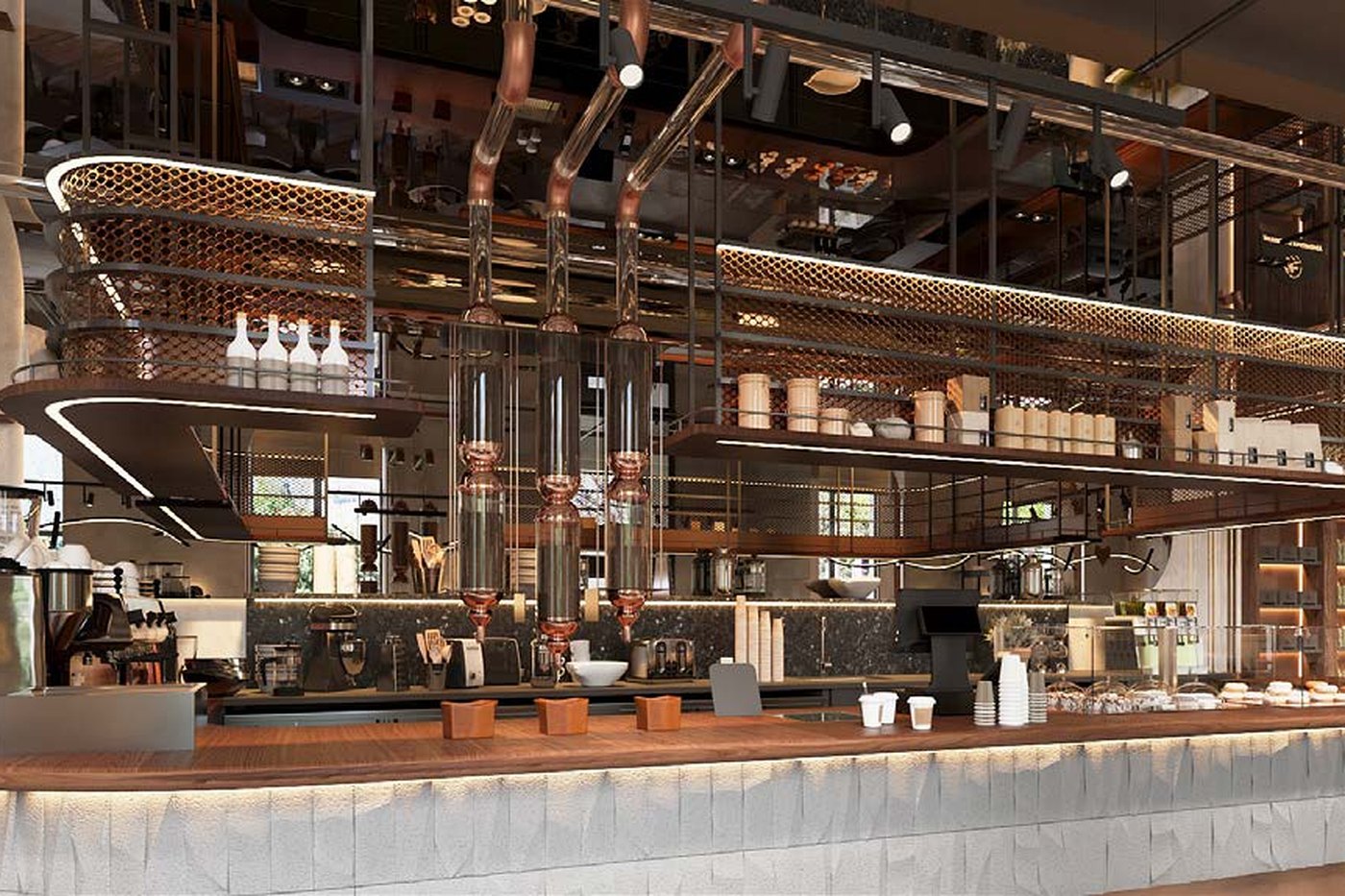 The open bar under the Coffee Flow tubes